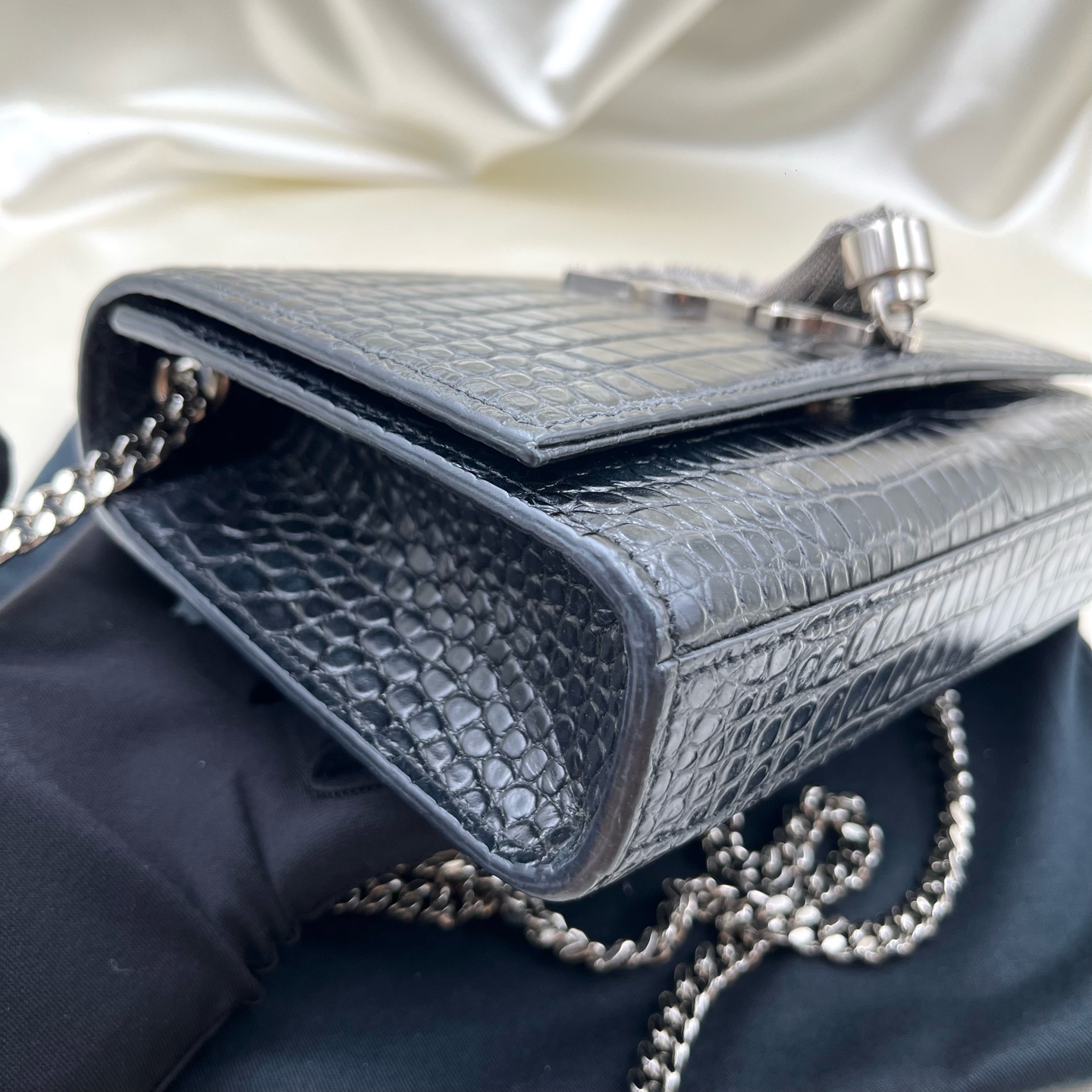 SAINT LAURENT Silver Fringe Bag 452159-DND1J-1000 Black Calfskin Cross Authentic - Image 5