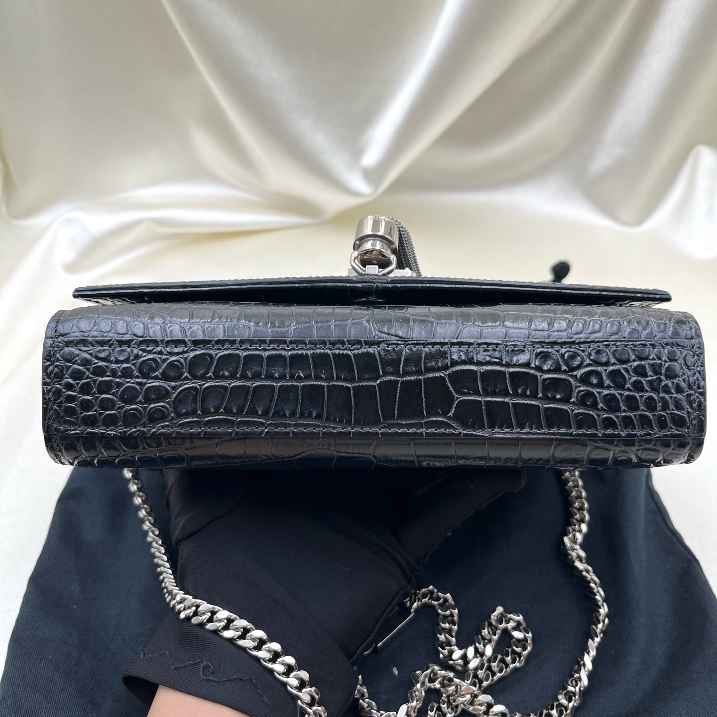 SAINT LAURENT Silver Fringe Bag 452159-DND1J-1000 Black Calfskin Cross Authentic - Image 6