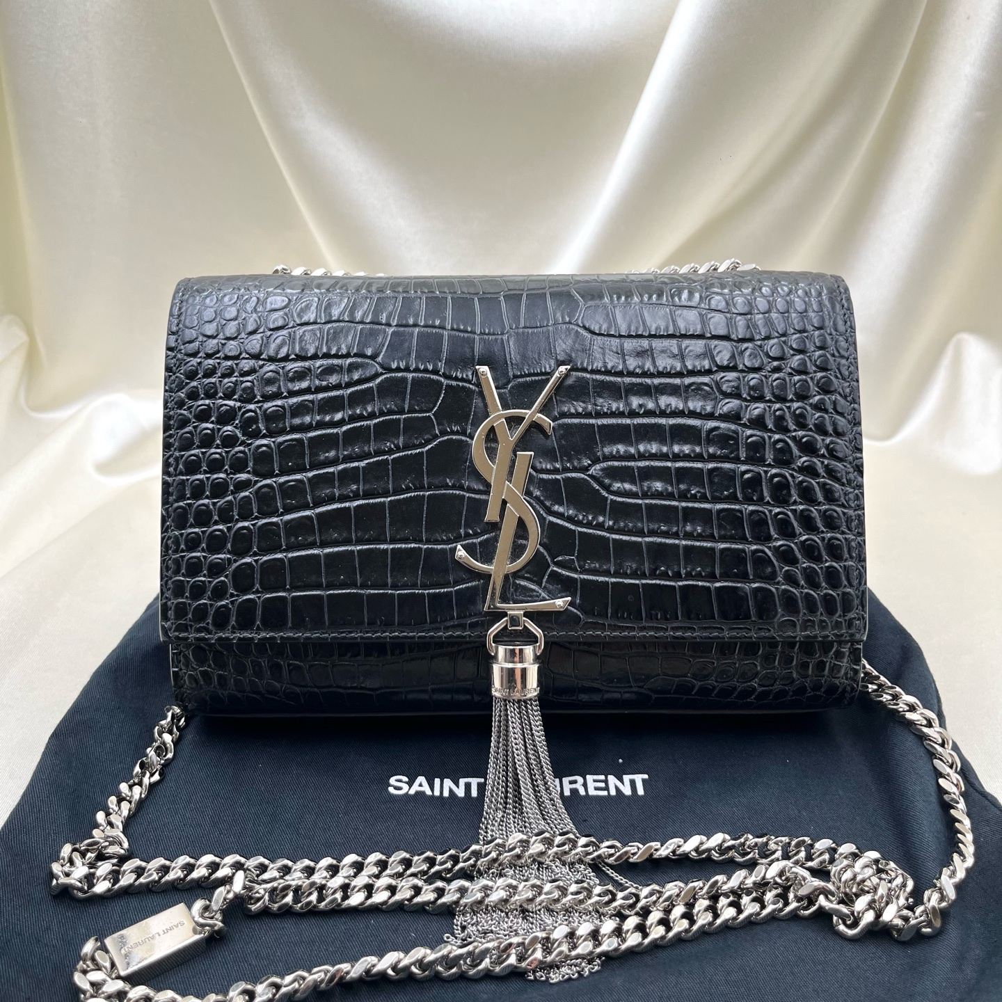 SAINT LAURENT Silver Fringe Bag 452159-DND1J-1000 Black Calfskin Cross Authentic - Image 9